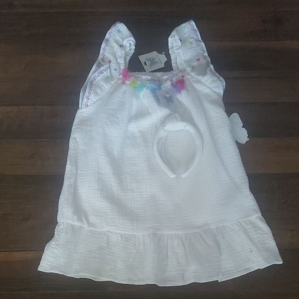 White Flutter-Sleeve Dress with Colorful Accents